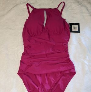 Ellen Tracy High Neck One Piece Swim Keyhole, Granita. Size 10, NWT